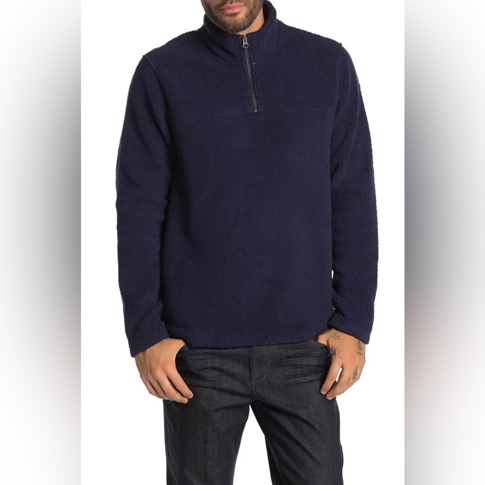Wallin & Bros Teddy Faux Shearling‎ Quarter Zip Pullover Sweatshirt Navy Large